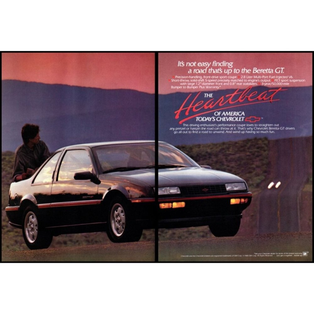 1989 Chevy Beretta GT Coupe 2 Page Vintage Print Ad Desert Highway Sunset Photo